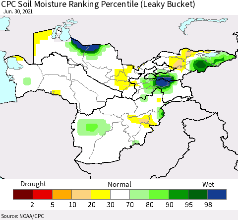 Central Asia CPC Soil Moisture Ranking Percentile (Leaky Bucket) Thematic Map For 6/26/2021 - 6/30/2021