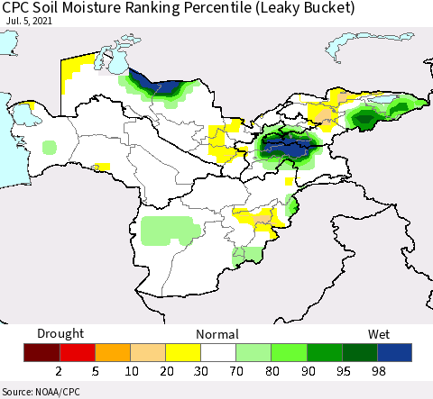 Central Asia CPC Soil Moisture Ranking Percentile (Leaky Bucket) Thematic Map For 7/1/2021 - 7/5/2021