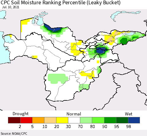 Central Asia CPC Soil Moisture Ranking Percentile (Leaky Bucket) Thematic Map For 7/6/2021 - 7/10/2021