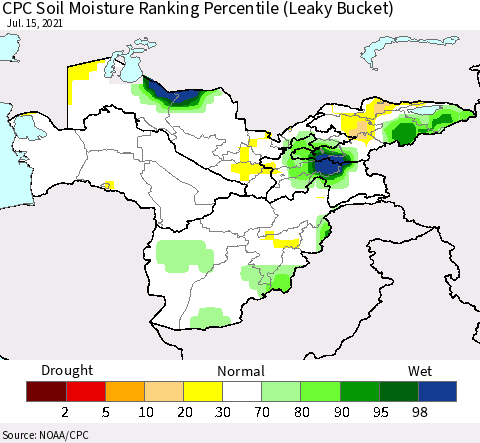 Central Asia CPC Soil Moisture Ranking Percentile (Leaky Bucket) Thematic Map For 7/11/2021 - 7/15/2021