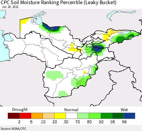 Central Asia CPC Soil Moisture Ranking Percentile (Leaky Bucket) Thematic Map For 7/16/2021 - 7/20/2021