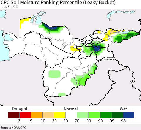Central Asia CPC Soil Moisture Ranking Percentile (Leaky Bucket) Thematic Map For 7/26/2021 - 7/31/2021