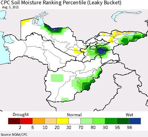 Central Asia CPC Soil Moisture Ranking Percentile (Leaky Bucket) Thematic Map For 8/1/2021 - 8/5/2021