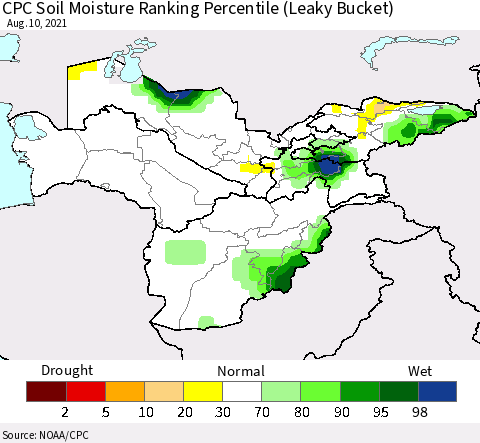 Central Asia CPC Soil Moisture Ranking Percentile (Leaky Bucket) Thematic Map For 8/6/2021 - 8/10/2021