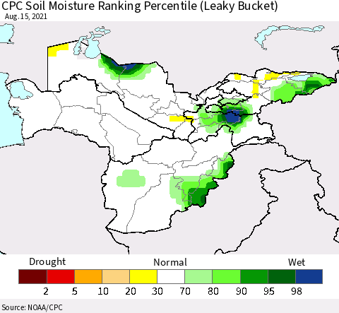 Central Asia CPC Soil Moisture Ranking Percentile (Leaky Bucket) Thematic Map For 8/11/2021 - 8/15/2021