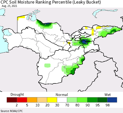 Central Asia CPC Soil Moisture Ranking Percentile (Leaky Bucket) Thematic Map For 8/21/2021 - 8/25/2021