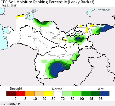 Central Asia CPC Soil Moisture Ranking Percentile (Leaky Bucket) Thematic Map For 8/26/2021 - 8/31/2021