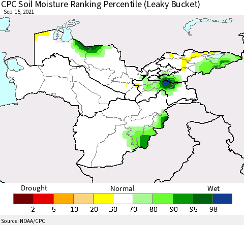 Central Asia CPC Soil Moisture Ranking Percentile (Leaky Bucket) Thematic Map For 9/11/2021 - 9/15/2021