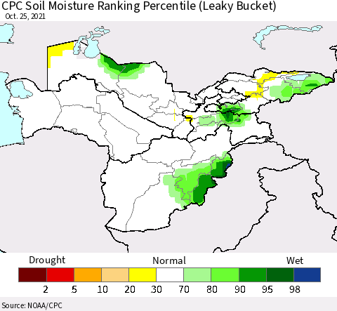 Central Asia CPC Soil Moisture Ranking Percentile (Leaky Bucket) Thematic Map For 10/21/2021 - 10/25/2021