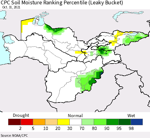 Central Asia CPC Soil Moisture Ranking Percentile (Leaky Bucket) Thematic Map For 10/26/2021 - 10/31/2021