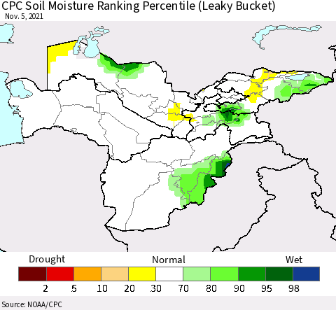 Central Asia CPC Soil Moisture Ranking Percentile (Leaky Bucket) Thematic Map For 11/1/2021 - 11/5/2021