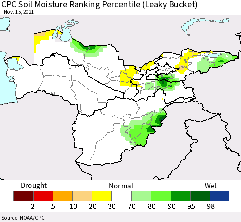 Central Asia CPC Soil Moisture Ranking Percentile (Leaky Bucket) Thematic Map For 11/11/2021 - 11/15/2021