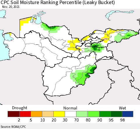 Central Asia CPC Soil Moisture Ranking Percentile (Leaky Bucket) Thematic Map For 11/16/2021 - 11/20/2021