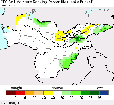 Central Asia CPC Soil Moisture Ranking Percentile (Leaky Bucket) Thematic Map For 11/21/2021 - 11/25/2021