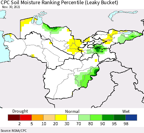 Central Asia CPC Soil Moisture Ranking Percentile (Leaky Bucket) Thematic Map For 11/26/2021 - 11/30/2021