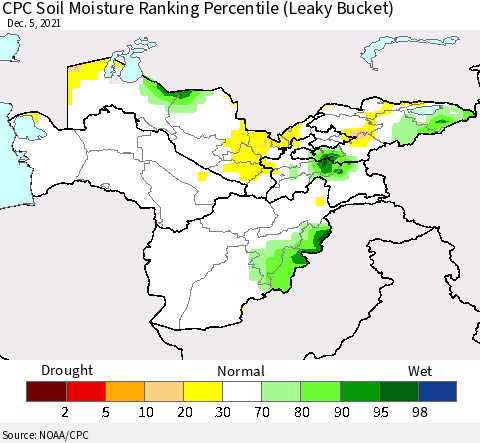 Central Asia CPC Soil Moisture Ranking Percentile (Leaky Bucket) Thematic Map For 12/1/2021 - 12/5/2021