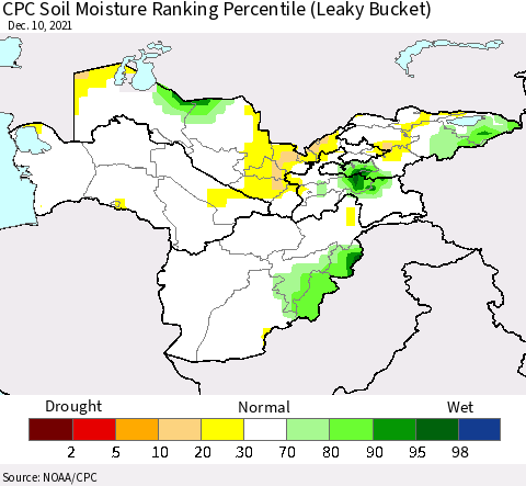 Central Asia CPC Soil Moisture Ranking Percentile (Leaky Bucket) Thematic Map For 12/6/2021 - 12/10/2021
