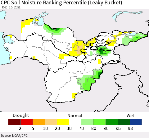 Central Asia CPC Soil Moisture Ranking Percentile (Leaky Bucket) Thematic Map For 12/11/2021 - 12/15/2021