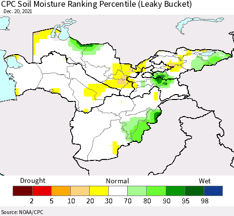 Central Asia CPC Soil Moisture Ranking Percentile (Leaky Bucket) Thematic Map For 12/16/2021 - 12/20/2021