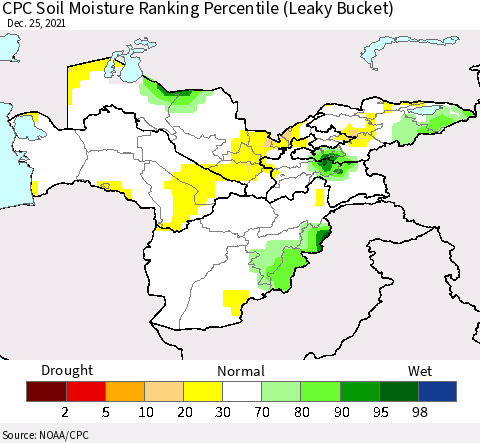 Central Asia CPC Soil Moisture Ranking Percentile (Leaky Bucket) Thematic Map For 12/21/2021 - 12/25/2021