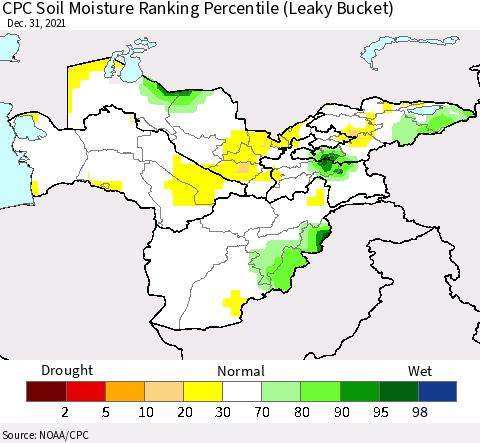 Central Asia CPC Soil Moisture Ranking Percentile (Leaky Bucket) Thematic Map For 12/26/2021 - 12/31/2021