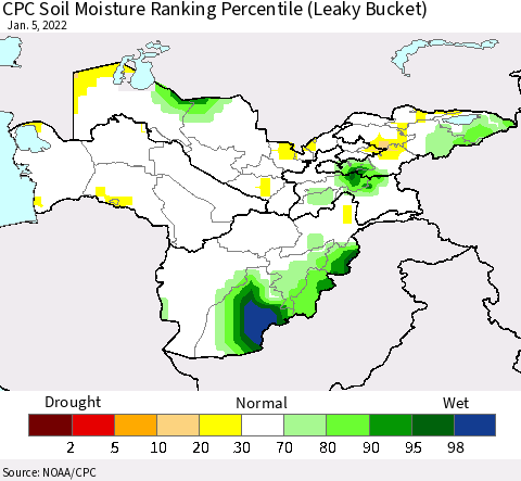 Central Asia CPC Soil Moisture Ranking Percentile (Leaky Bucket) Thematic Map For 1/1/2022 - 1/5/2022