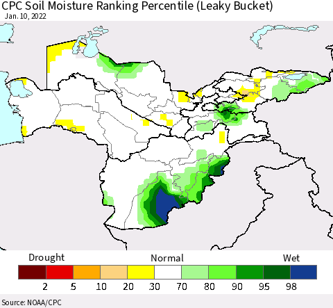 Central Asia CPC Soil Moisture Ranking Percentile (Leaky Bucket) Thematic Map For 1/6/2022 - 1/10/2022