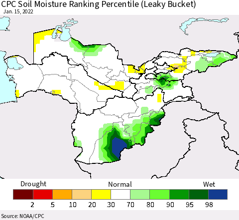 Central Asia CPC Soil Moisture Ranking Percentile (Leaky Bucket) Thematic Map For 1/11/2022 - 1/15/2022