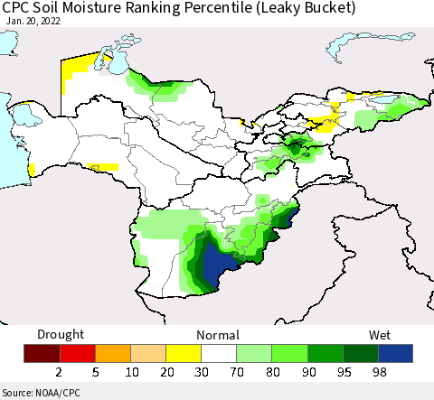 Central Asia CPC Soil Moisture Ranking Percentile (Leaky Bucket) Thematic Map For 1/16/2022 - 1/20/2022