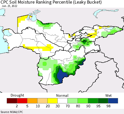 Central Asia CPC Soil Moisture Ranking Percentile (Leaky Bucket) Thematic Map For 1/21/2022 - 1/25/2022