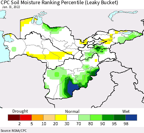 Central Asia CPC Soil Moisture Ranking Percentile (Leaky Bucket) Thematic Map For 1/26/2022 - 1/31/2022