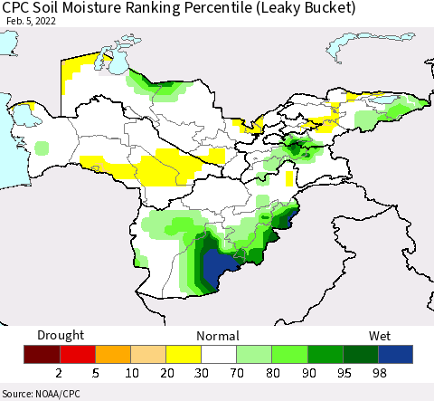 Central Asia CPC Soil Moisture Ranking Percentile (Leaky Bucket) Thematic Map For 2/1/2022 - 2/5/2022