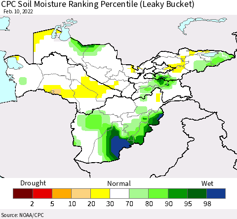 Central Asia CPC Soil Moisture Ranking Percentile (Leaky Bucket) Thematic Map For 2/6/2022 - 2/10/2022