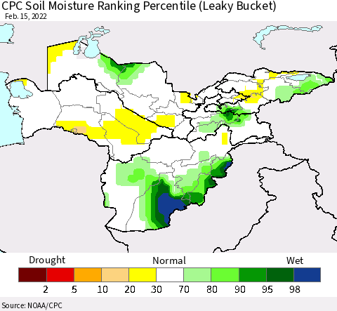 Central Asia CPC Soil Moisture Ranking Percentile (Leaky Bucket) Thematic Map For 2/11/2022 - 2/15/2022