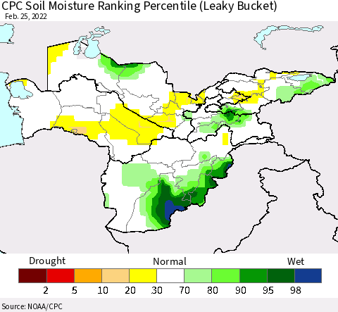 Central Asia CPC Soil Moisture Ranking Percentile (Leaky Bucket) Thematic Map For 2/21/2022 - 2/25/2022