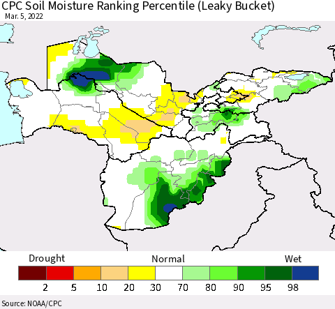 Central Asia CPC Soil Moisture Ranking Percentile (Leaky Bucket) Thematic Map For 3/1/2022 - 3/5/2022