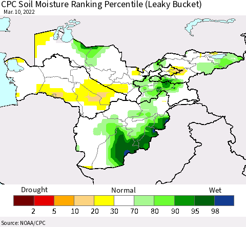 Central Asia CPC Soil Moisture Ranking Percentile (Leaky Bucket) Thematic Map For 3/6/2022 - 3/10/2022