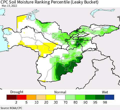 Central Asia CPC Soil Moisture Ranking Percentile (Leaky Bucket) Thematic Map For 3/11/2022 - 3/15/2022
