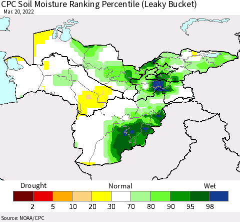 Central Asia CPC Soil Moisture Ranking Percentile (Leaky Bucket) Thematic Map For 3/16/2022 - 3/20/2022