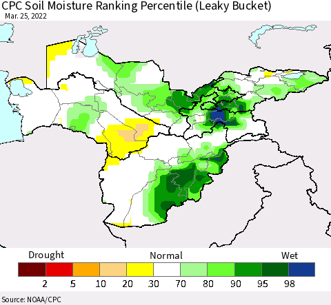 Central Asia CPC Soil Moisture Ranking Percentile (Leaky Bucket) Thematic Map For 3/21/2022 - 3/25/2022