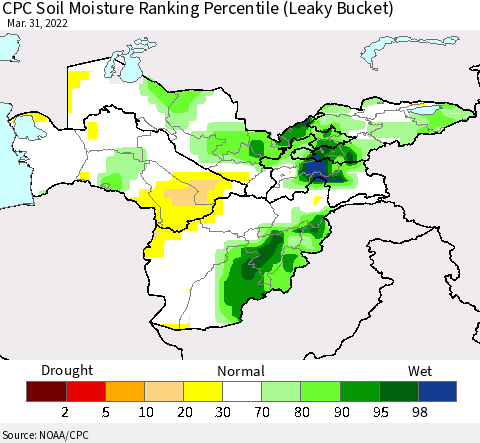 Central Asia CPC Soil Moisture Ranking Percentile (Leaky Bucket) Thematic Map For 3/26/2022 - 3/31/2022
