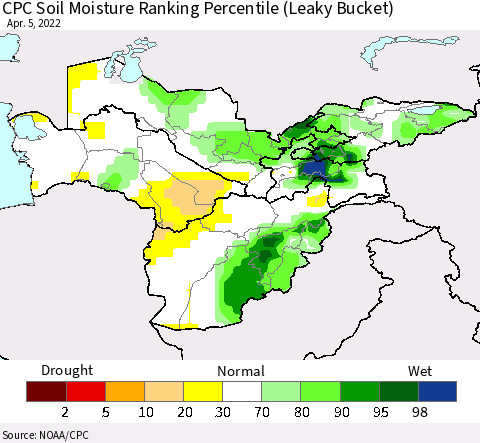 Central Asia CPC Soil Moisture Ranking Percentile (Leaky Bucket) Thematic Map For 4/1/2022 - 4/5/2022