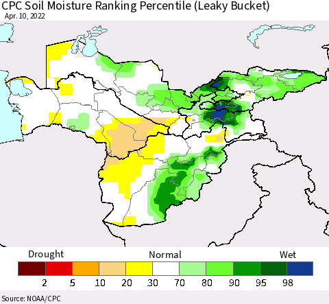 Central Asia CPC Soil Moisture Ranking Percentile (Leaky Bucket) Thematic Map For 4/6/2022 - 4/10/2022