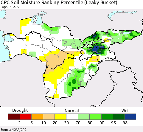 Central Asia CPC Soil Moisture Ranking Percentile (Leaky Bucket) Thematic Map For 4/11/2022 - 4/15/2022