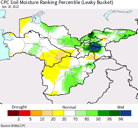 Central Asia CPC Soil Moisture Ranking Percentile (Leaky Bucket) Thematic Map For 4/16/2022 - 4/20/2022