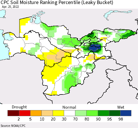 Central Asia CPC Soil Moisture Ranking Percentile (Leaky Bucket) Thematic Map For 4/21/2022 - 4/25/2022