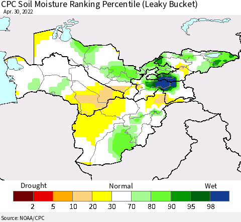 Central Asia CPC Soil Moisture Ranking Percentile (Leaky Bucket) Thematic Map For 4/26/2022 - 4/30/2022