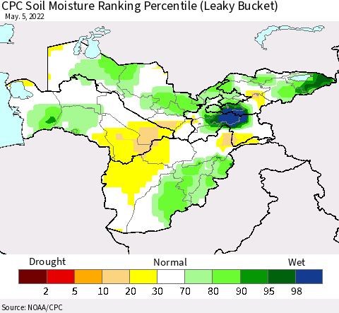 Central Asia CPC Soil Moisture Ranking Percentile (Leaky Bucket) Thematic Map For 5/1/2022 - 5/5/2022