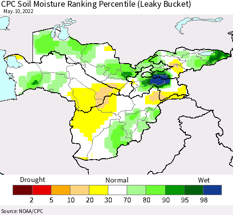 Central Asia CPC Soil Moisture Ranking Percentile (Leaky Bucket) Thematic Map For 5/6/2022 - 5/10/2022