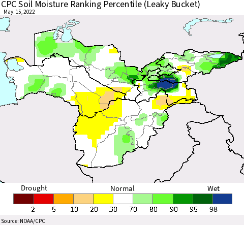 Central Asia CPC Soil Moisture Ranking Percentile (Leaky Bucket) Thematic Map For 5/11/2022 - 5/15/2022